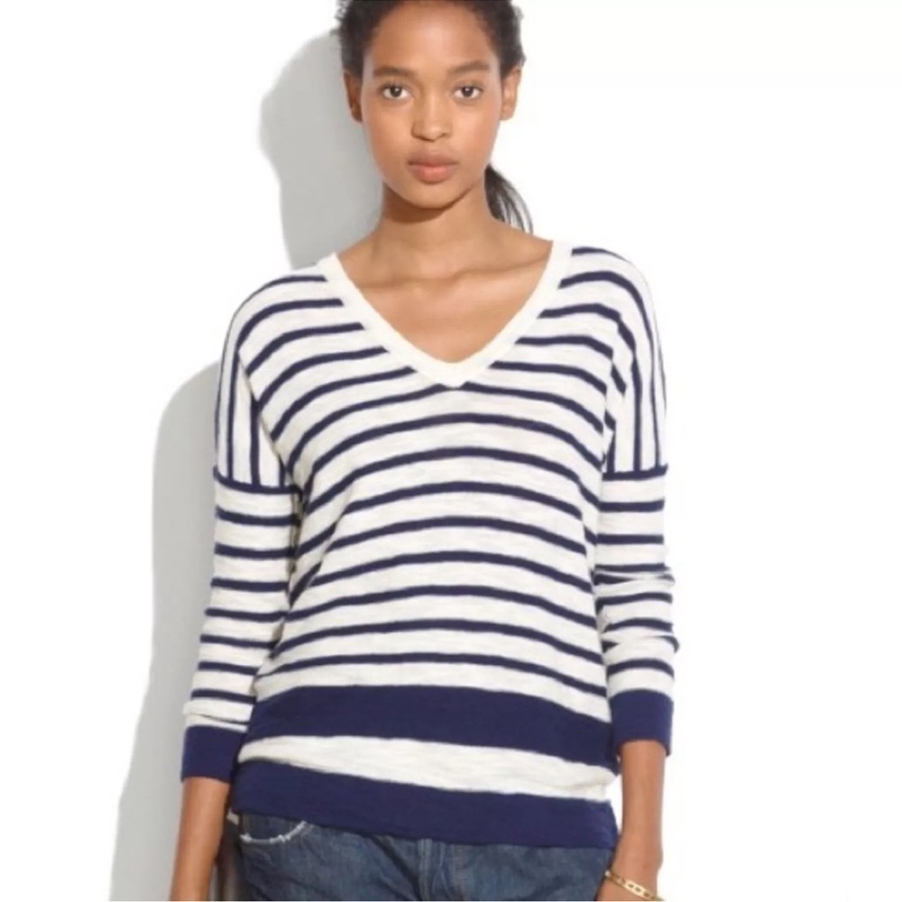 New MADEWELL Stripe V-Neck Sweater Top Wool Size XS  09316 Nautical Relaxed